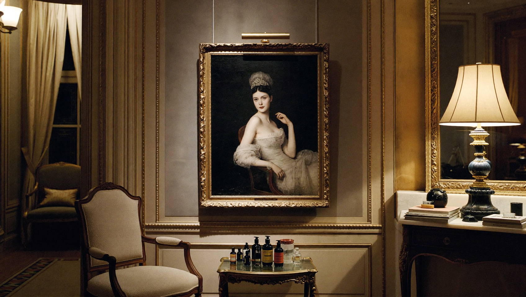 A gilded framed fine-art portrait in a warm luxurious dressing room