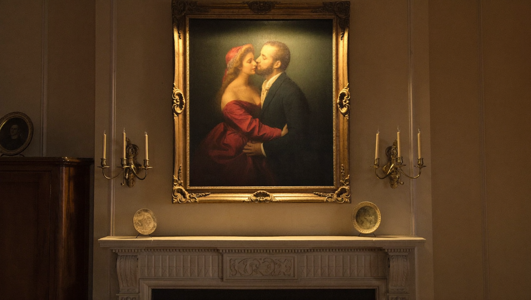 A gilded framed romantic portrait above a mantel in a warm bedroom
