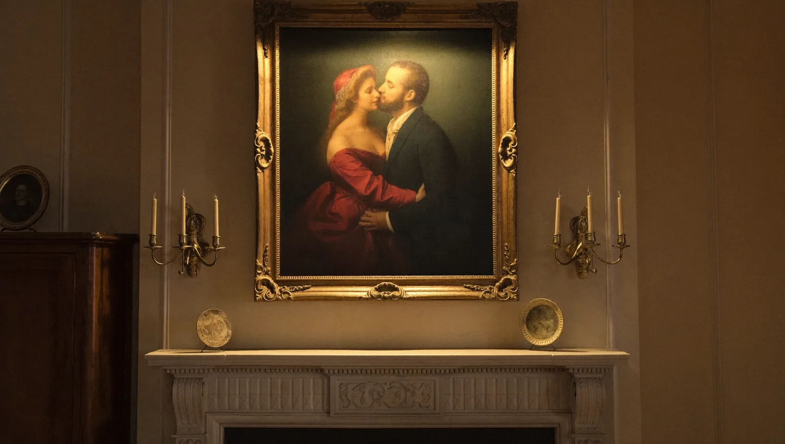 A gilded framed romantic portrait above a mantel in a warm bedroom