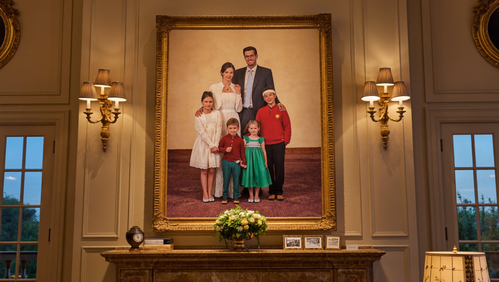 A gilded framed family portrait above a marble fireplace in a warm living room