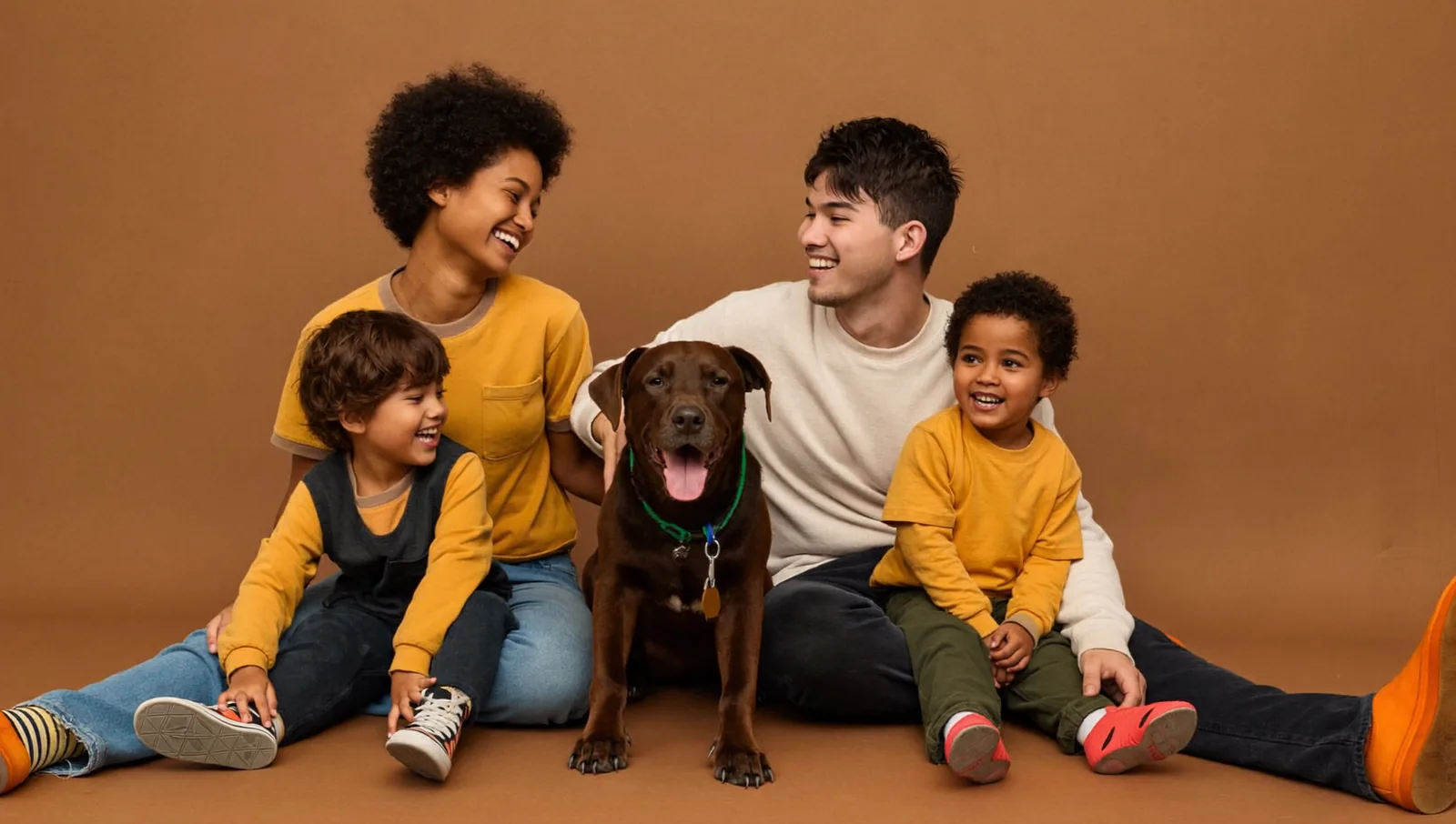 Parents and two children sitting on the studio floor laughing with their labrador