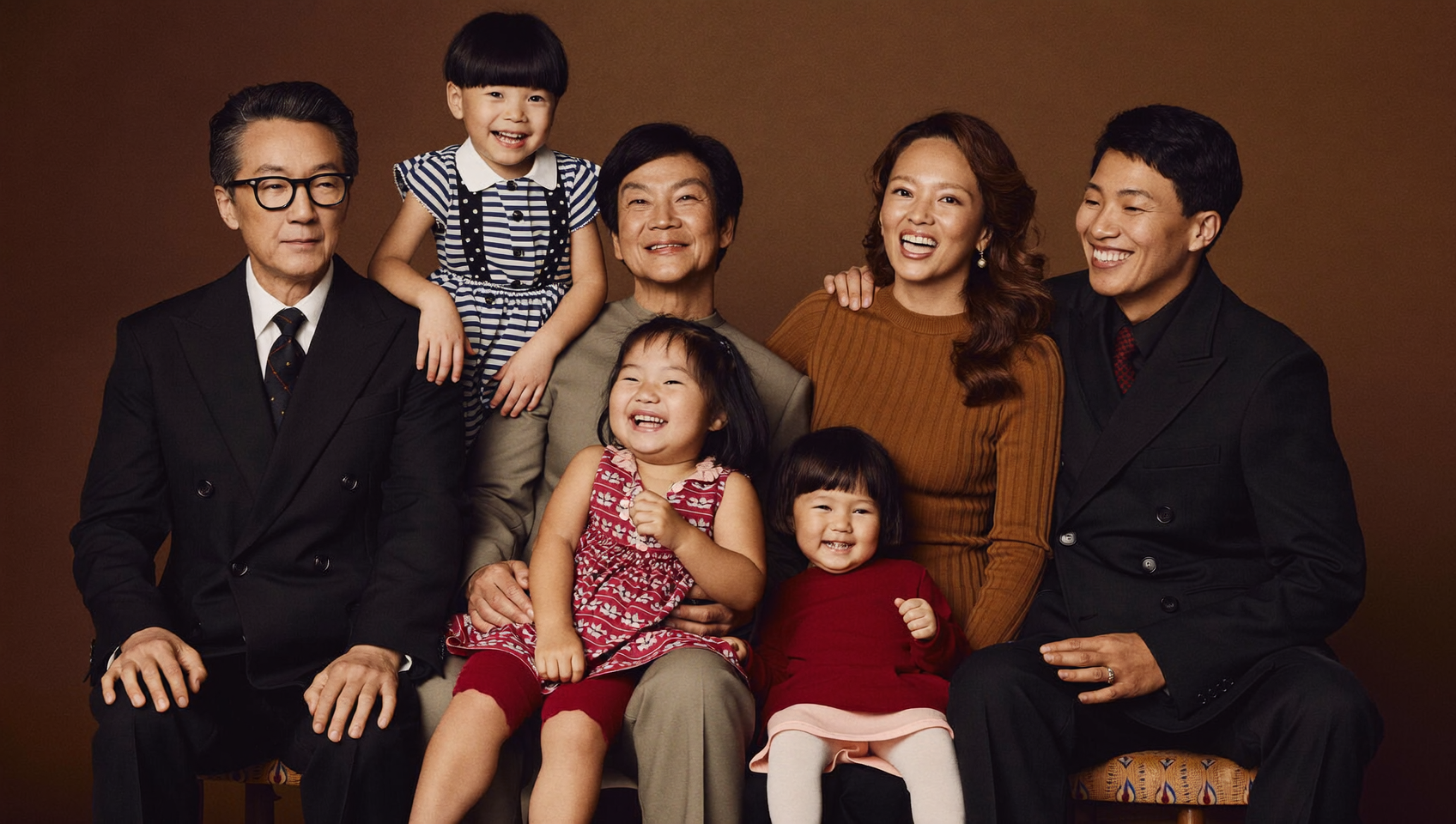 A multigenerational family of seven laughing together in a studio portrait