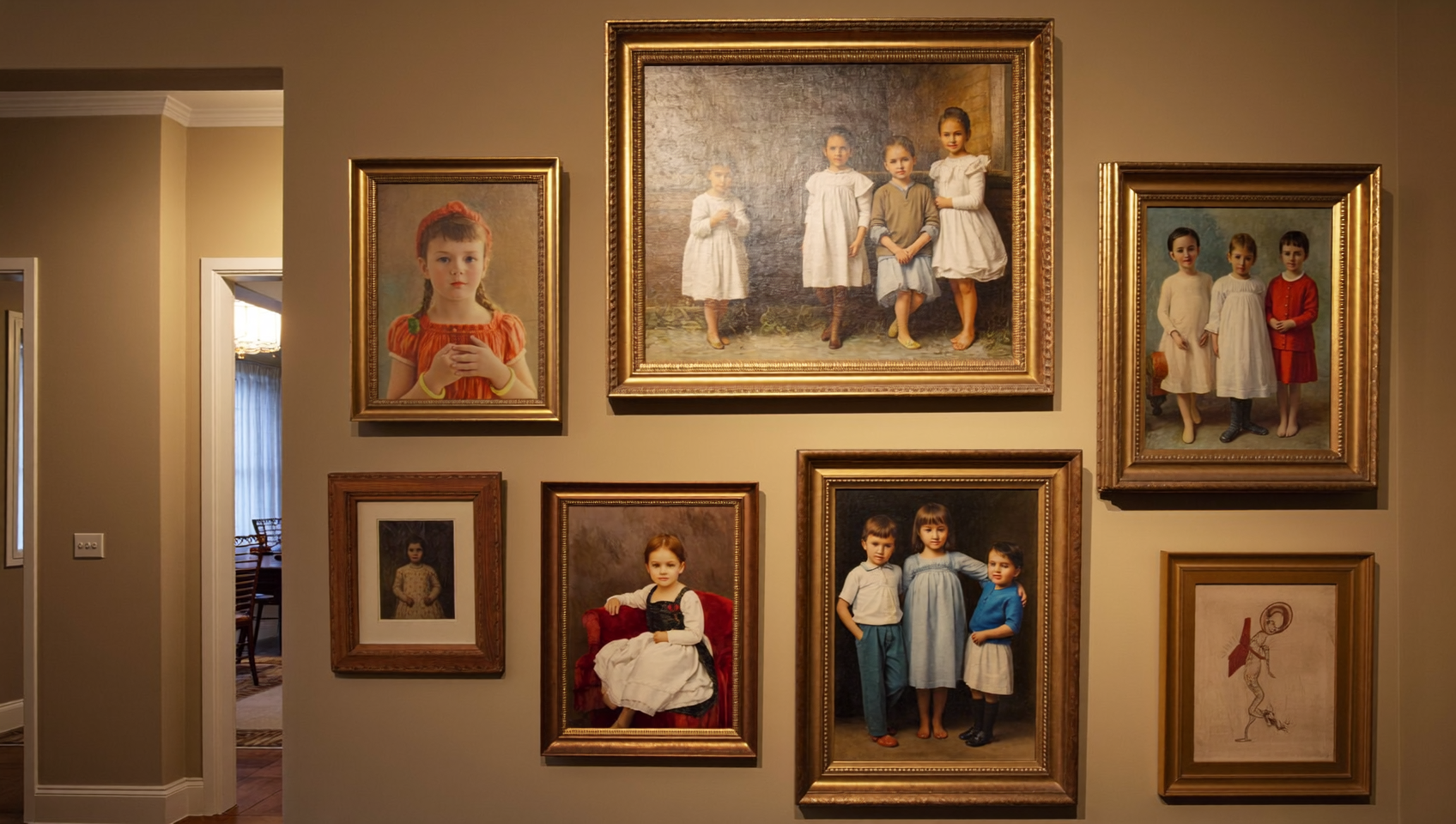 A hallway gallery wall of gilded framed portraits of children