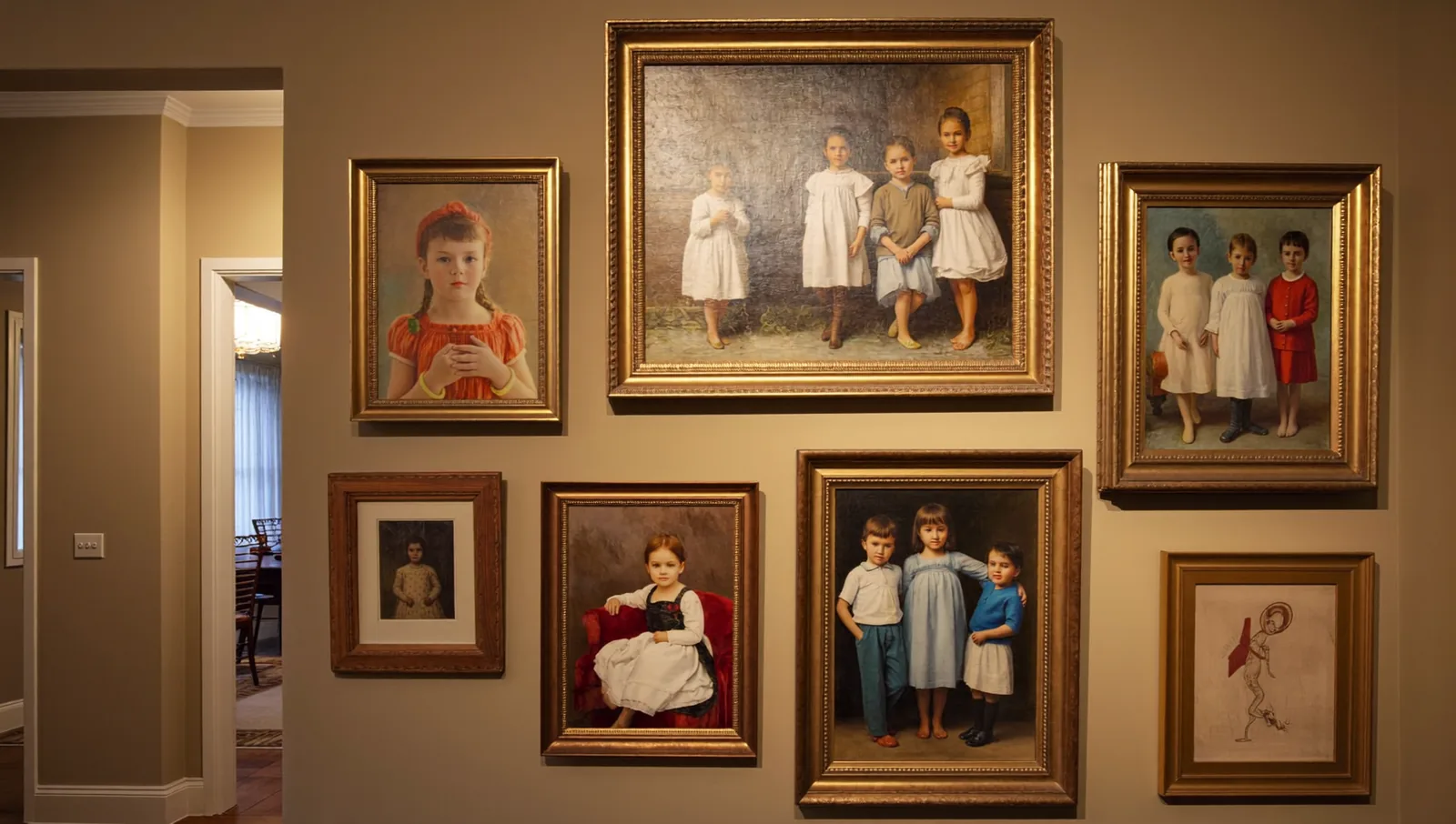 A hallway gallery wall of gilded framed portraits of children