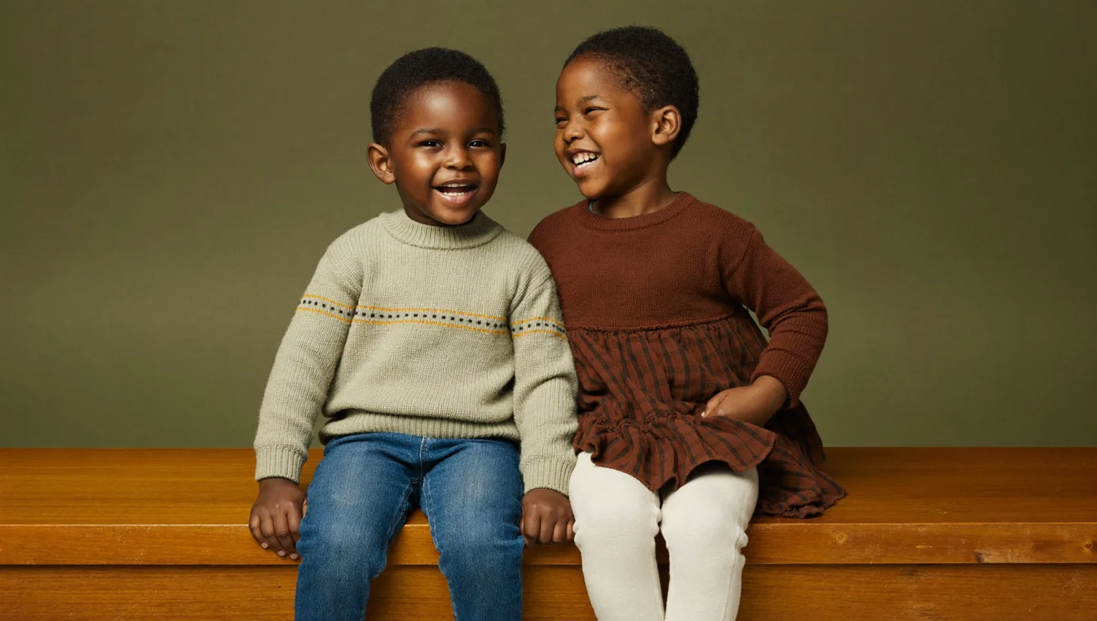 Two young siblings giggling shoulder to shoulder on a posing bench