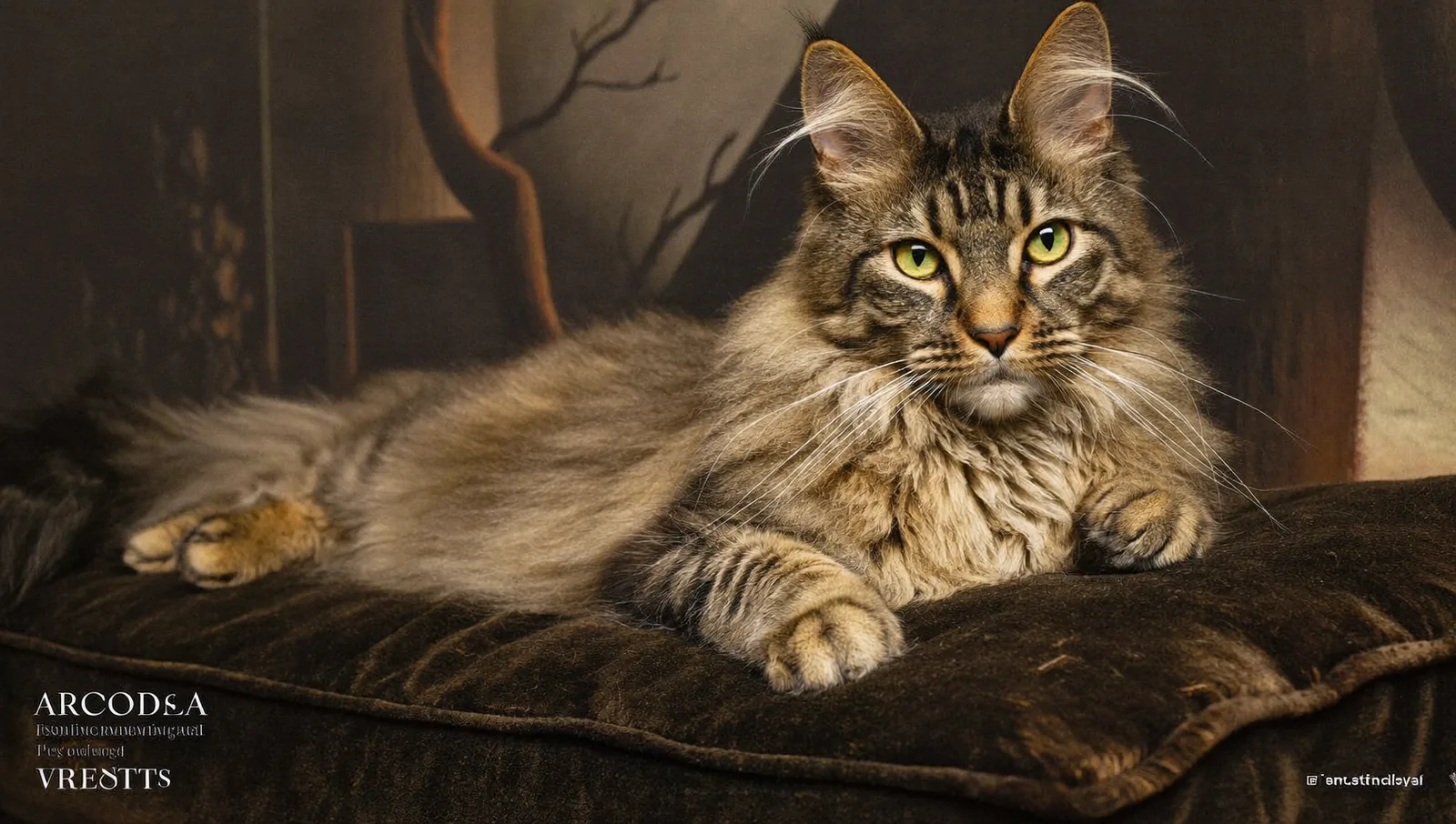 A long-haired cat lounging on a velvet cushion in a fine-art pet portrait
