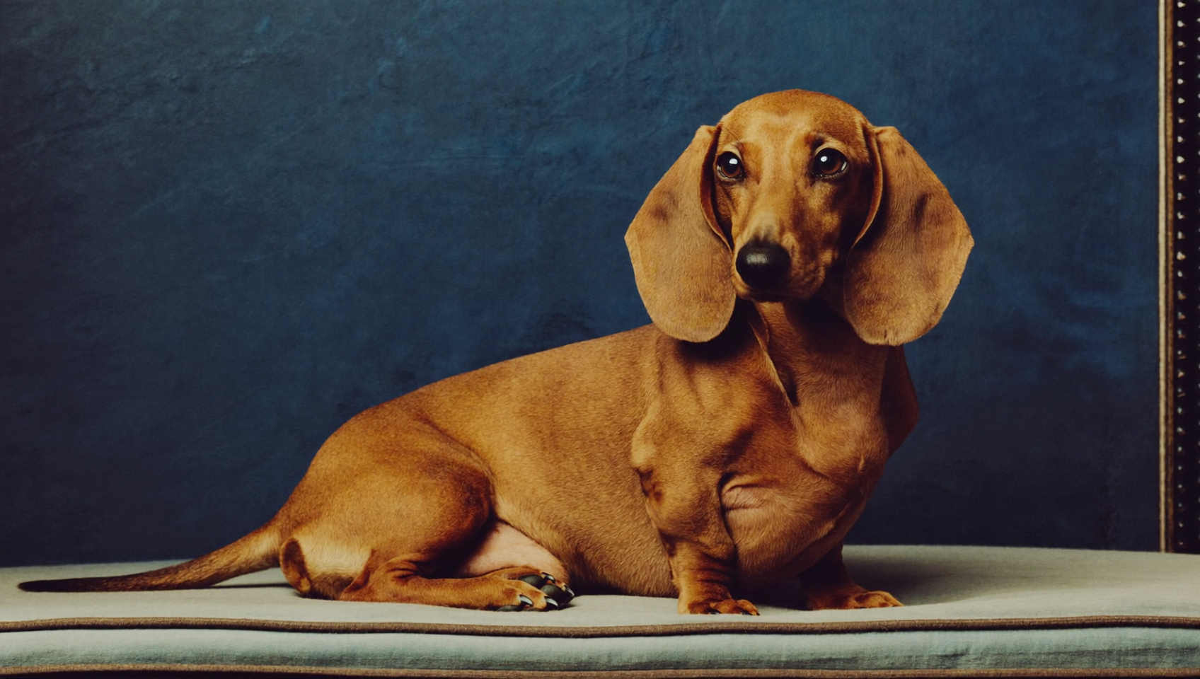 A dachshund sitting proudly on a velvet bench against a deep navy backdrop