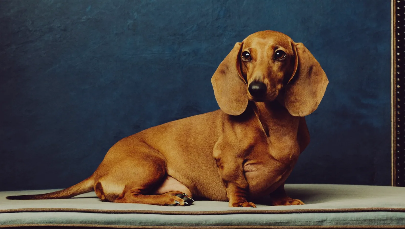 A dachshund sitting proudly on a velvet bench against a deep navy backdrop