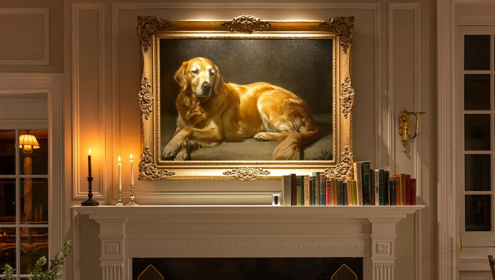 A gilded framed portrait of a golden retriever above a fireplace