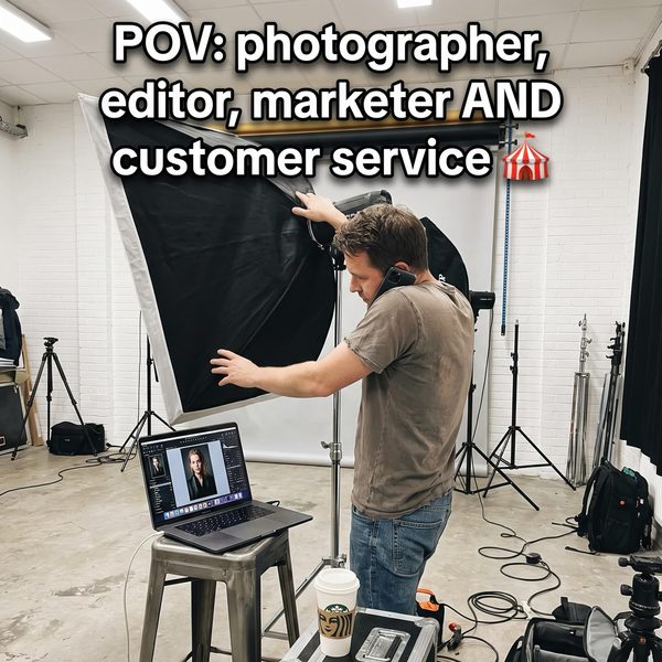 Photographer adjusting a softbox in a white studio, laptop open on a stool showing a portrait edit