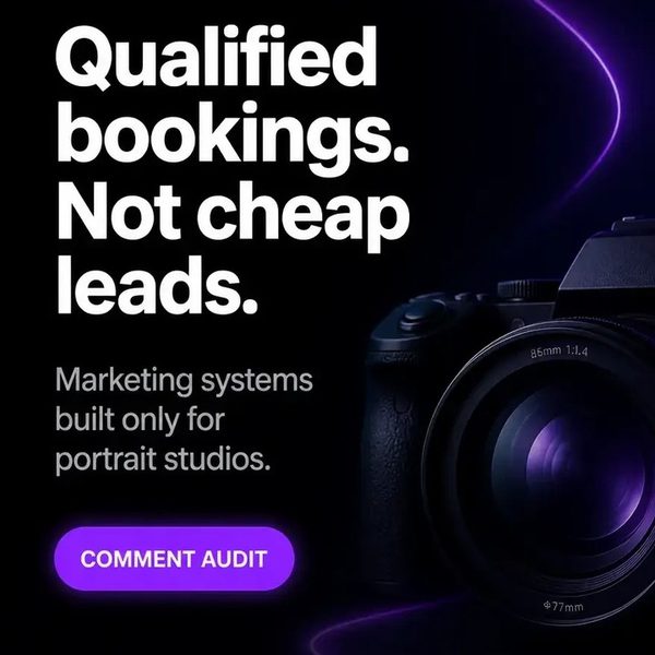 Black graphic reading qualified bookings, not cheap leads, beside a camera fitted with an 85mm lens