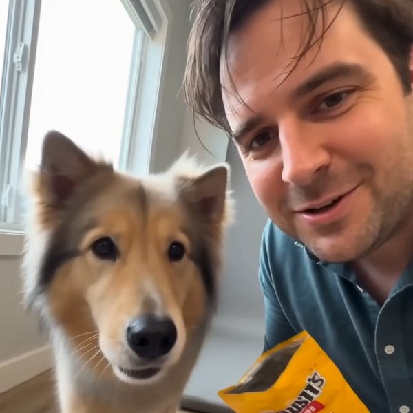 Man leaning close to the camera beside a rough collie, holding a bag of dog treats