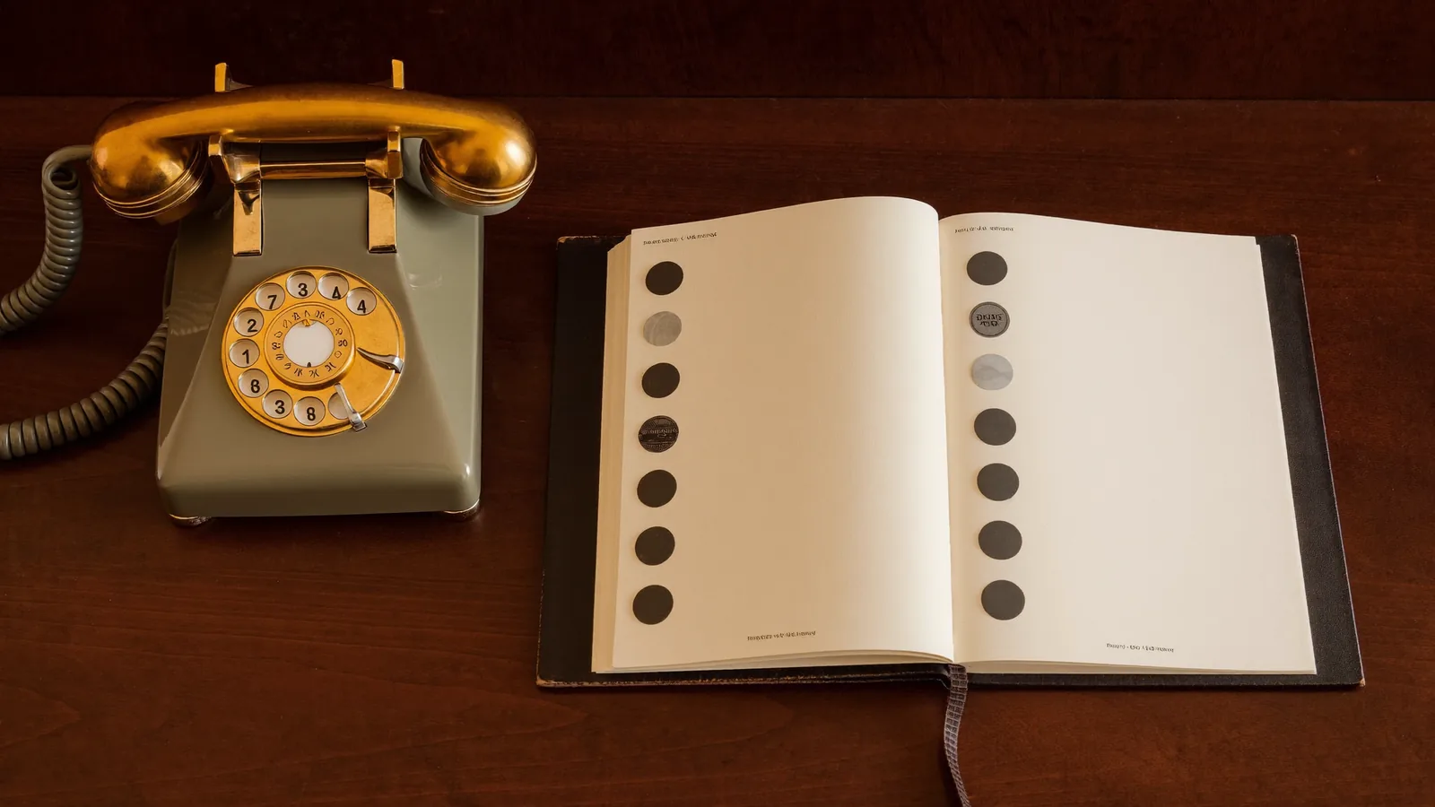 A studio front desk with a brass telephone and an appointment book full of gold booking dots