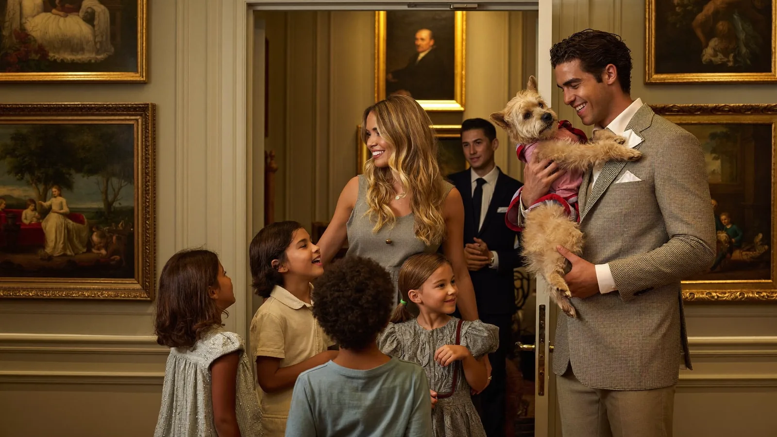 A family with children and a small dog being welcomed into a portrait studio