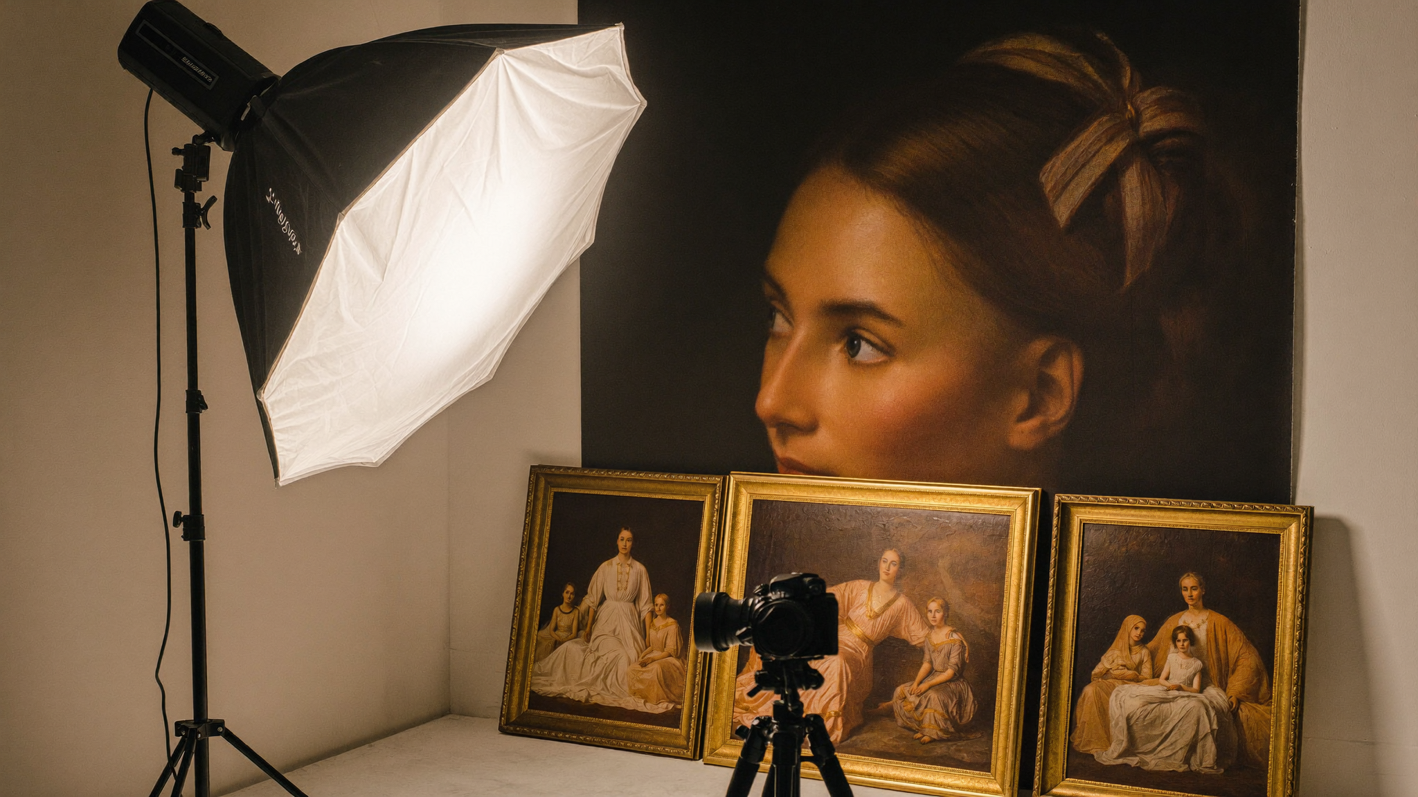 Inside a luxury portrait studio: softbox glowing over gilded framed family portraits and a fine-art backdrop