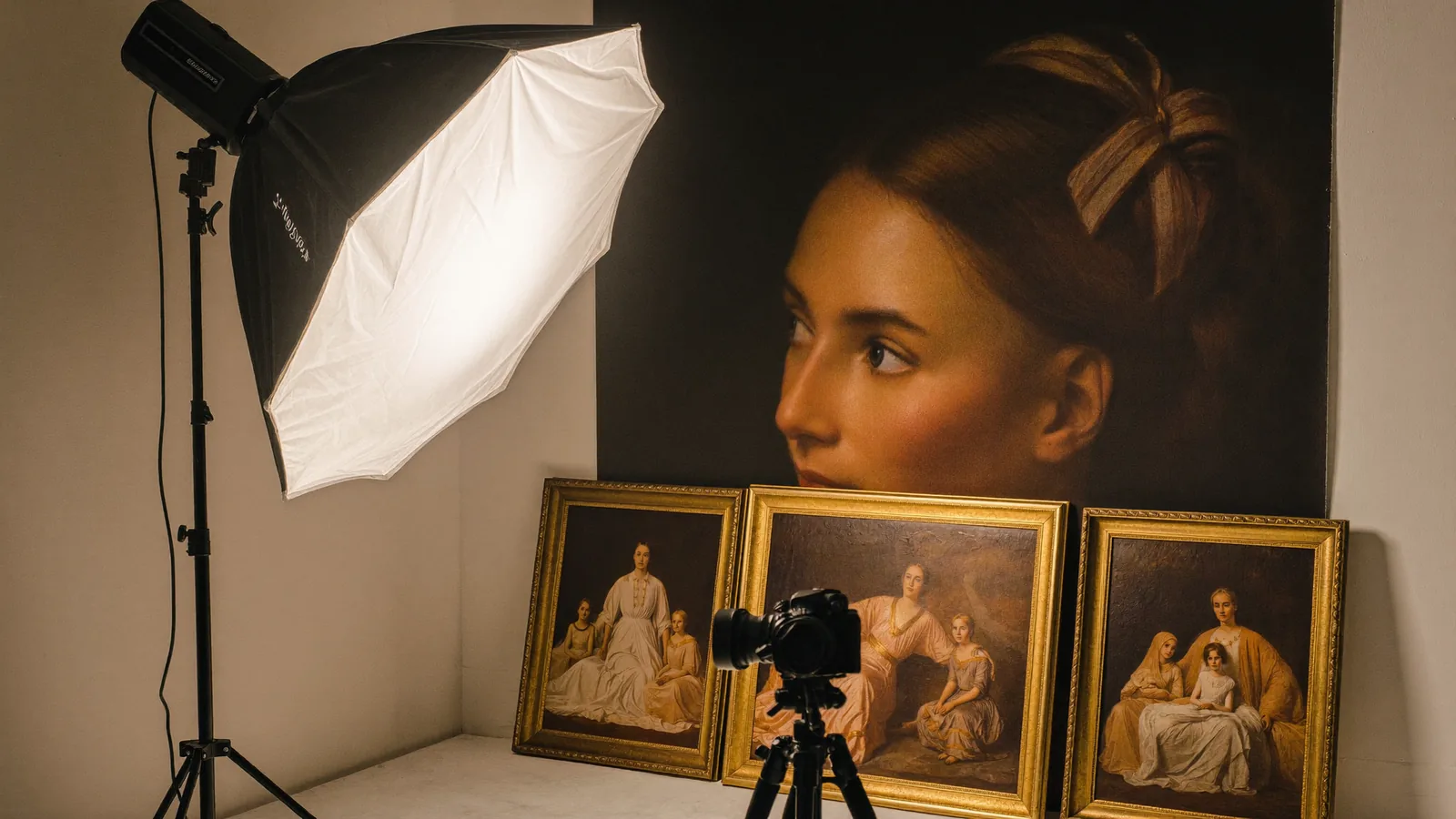 Inside a luxury portrait studio: softbox glowing over gilded framed family portraits and a fine-art backdrop