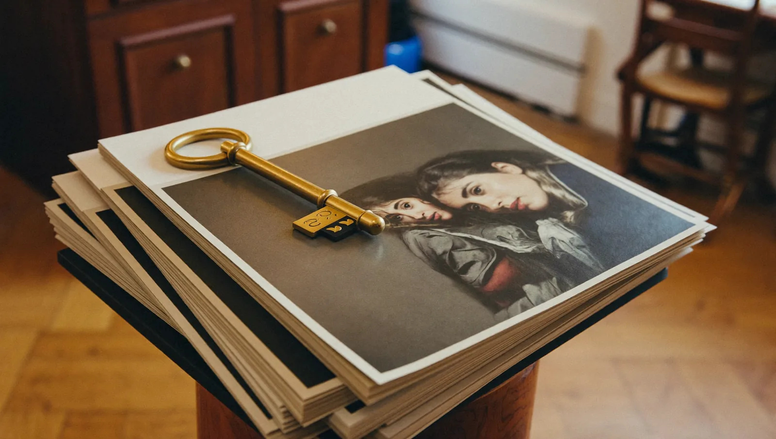 A brass key resting on a stack of portrait prints in warm lamplight