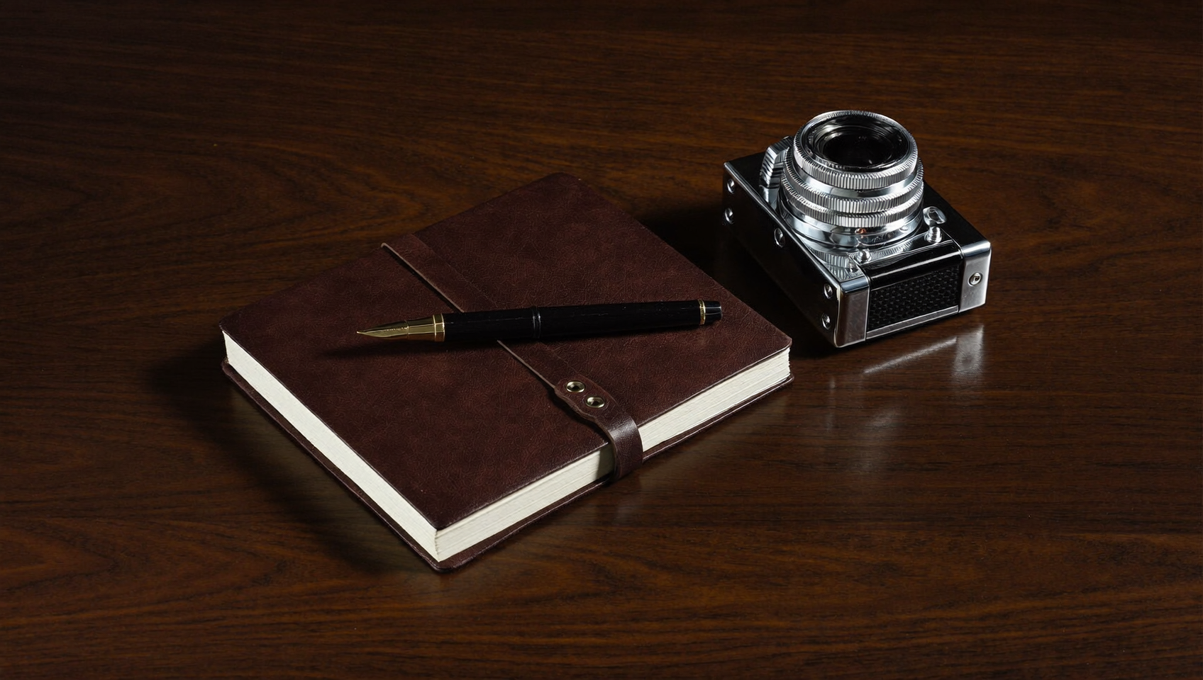 A fountain pen on a leather folio beside a camera on a dark wood desk