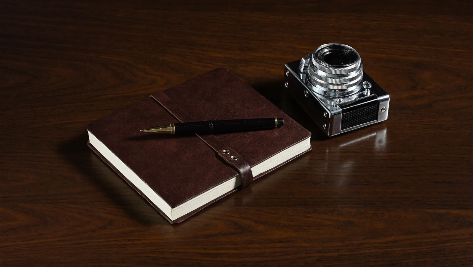 A fountain pen on a leather folio beside a camera on a dark wood desk
