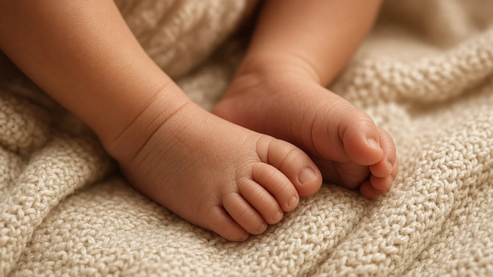 Close-up of a newborn's tiny feet resting on a cream knit blanket