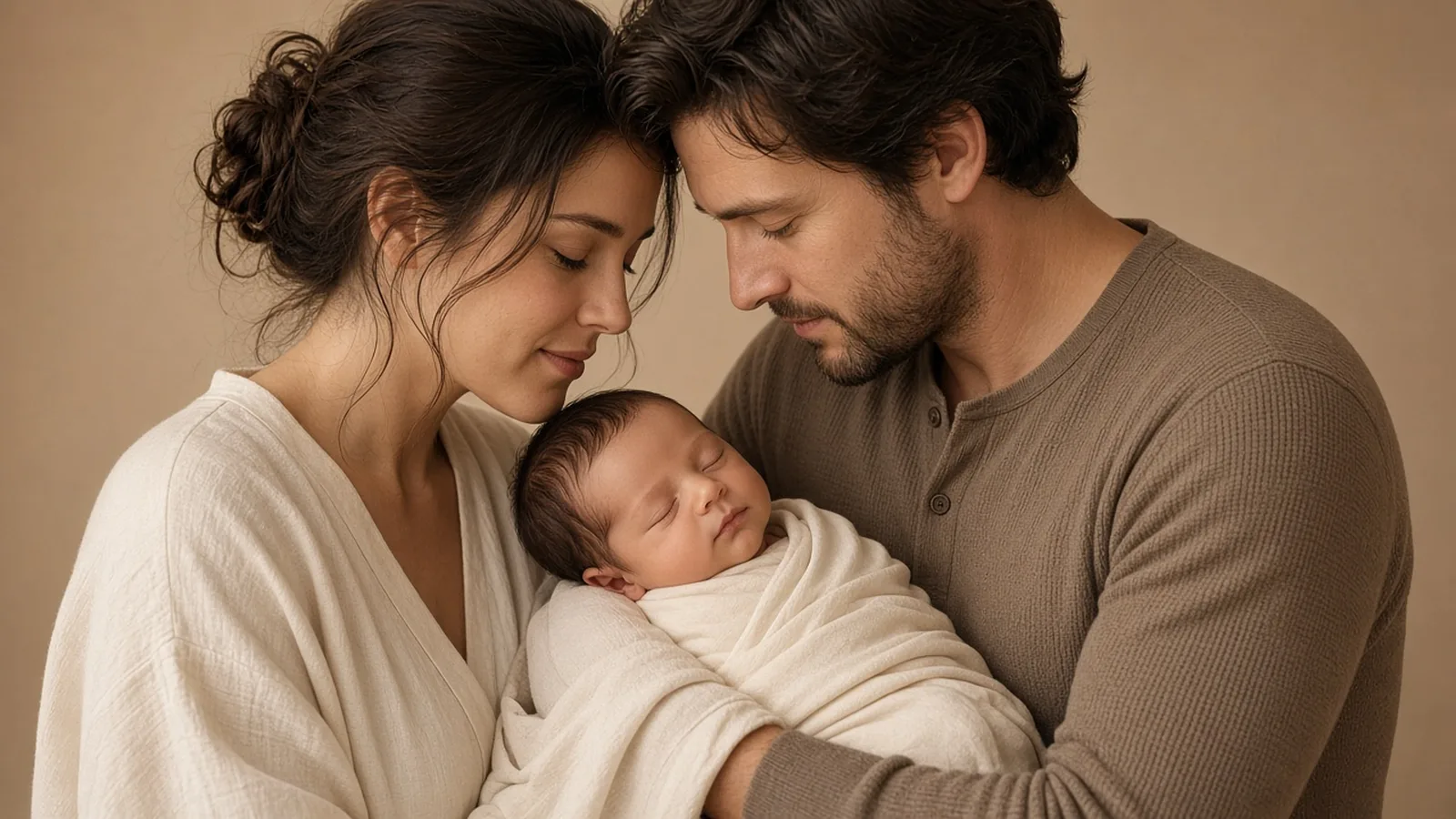 New parents cradling their sleeping newborn during a studio portrait session