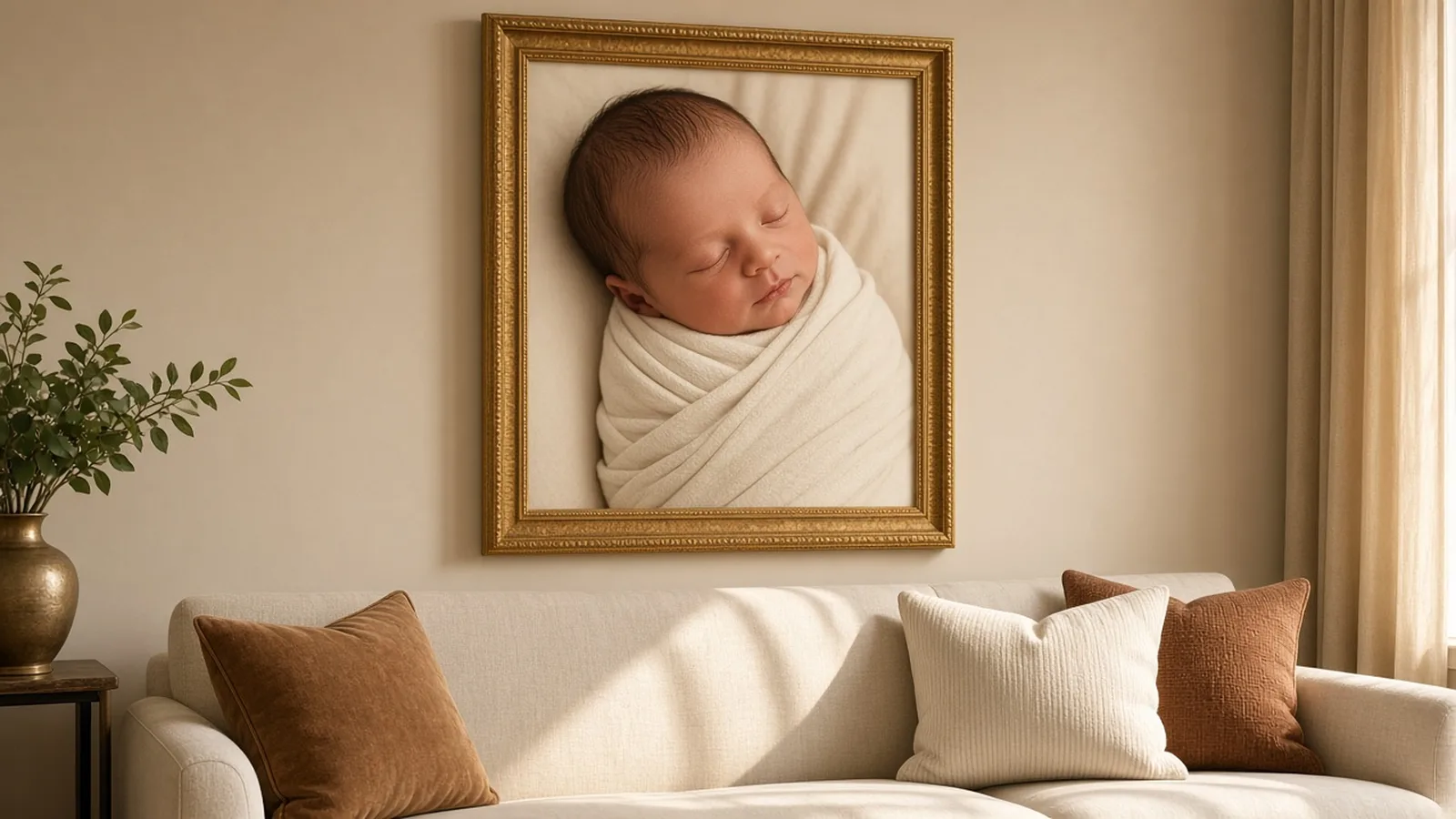 A framed newborn wall portrait hanging above a cream sofa in a family home