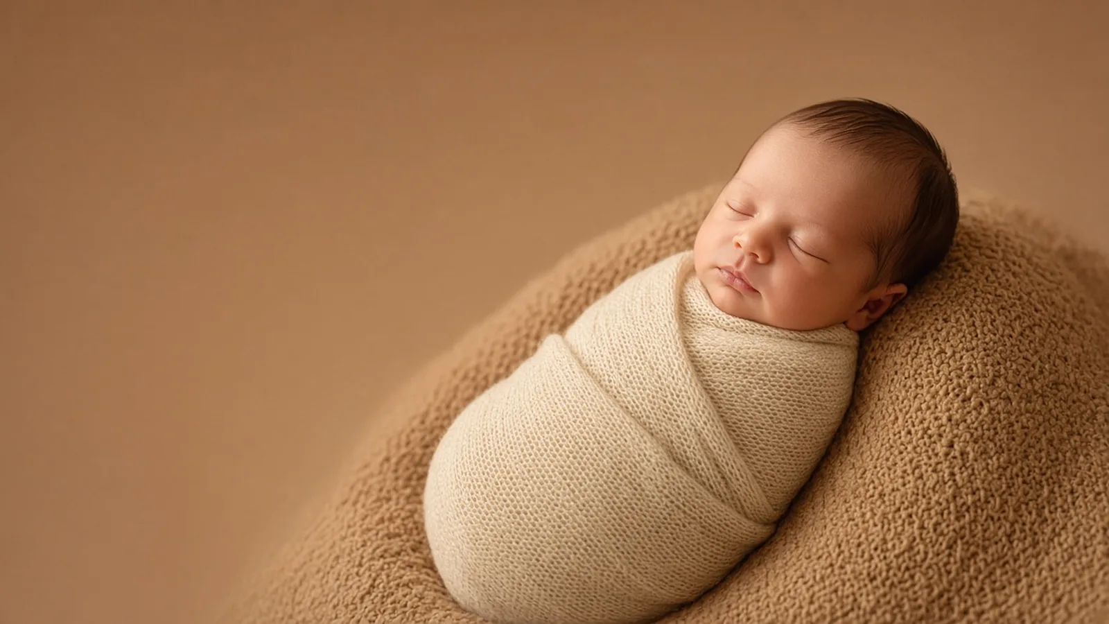 A sleeping newborn swaddled in cream knit during a fine-art newborn portrait session