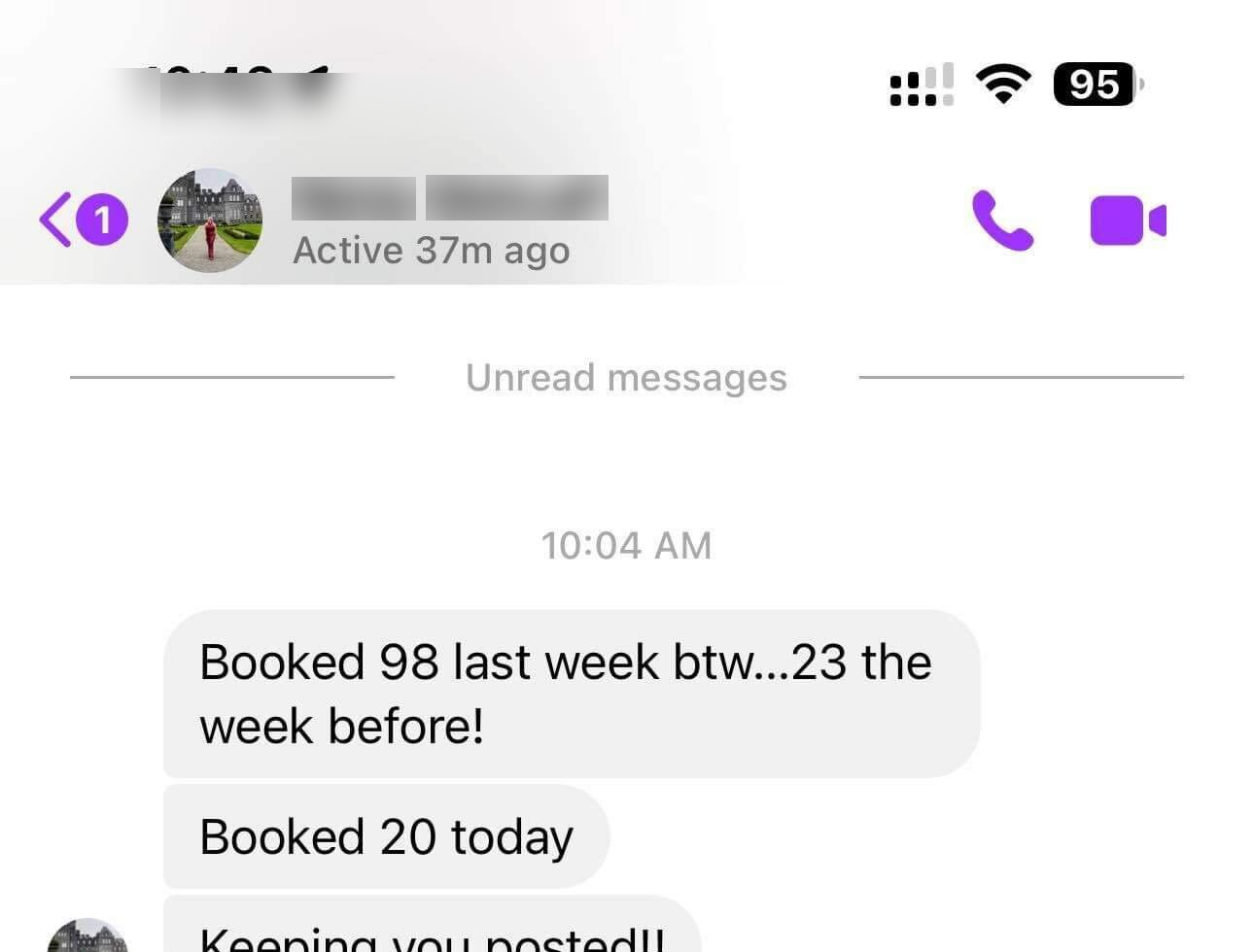 Client message: booked 98 last week, booked 20 today