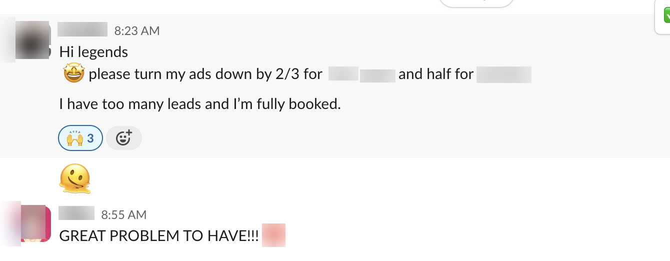 Client message: fully booked, turn ads down