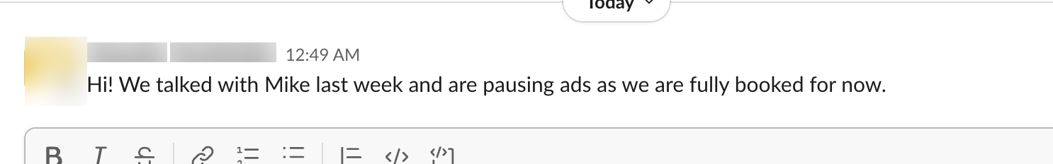 Client message: pausing ads, fully booked for now