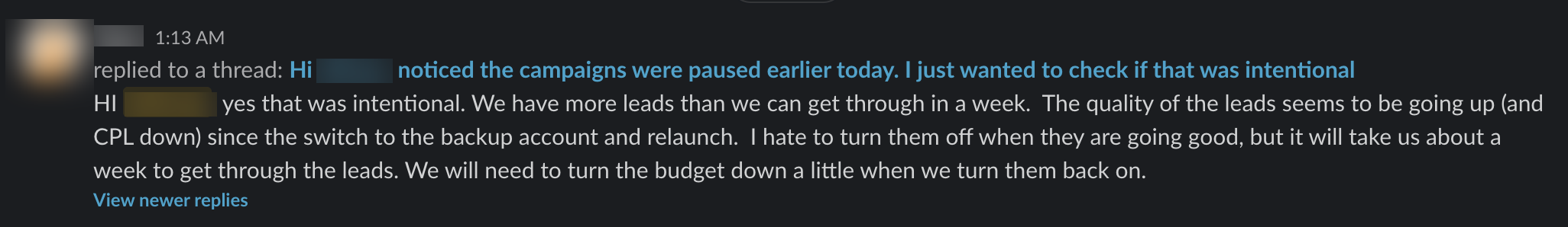 Client message: more leads than we can get through in a week