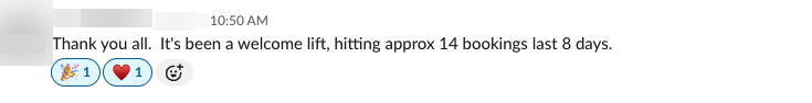 Client message: about 14 bookings in the last eight days
