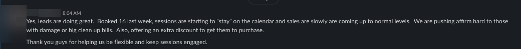 Client message: booked 16 last week