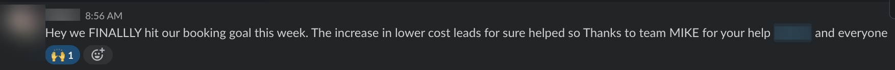 Client message: hit our booking goal this week