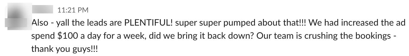 Client message: crushing the bookings